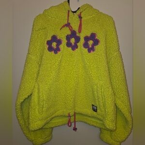 ALB Sherpa Hoodie Women’s Small Neon Yellow Teddy Fleece Floral Appliqué